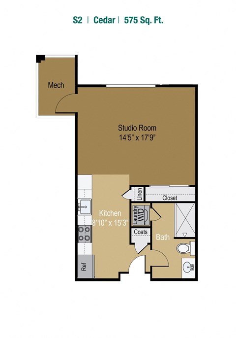 Floor plan for studio, 1 bath, 575 sqft